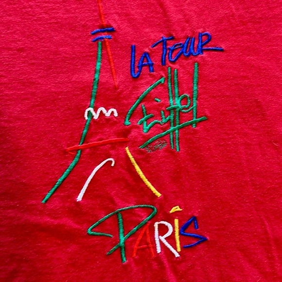 Vintage 90s Paris Eiffel Tower Red France Embroidered 100% Cotton T Shirt Large - Picture 2 of 7